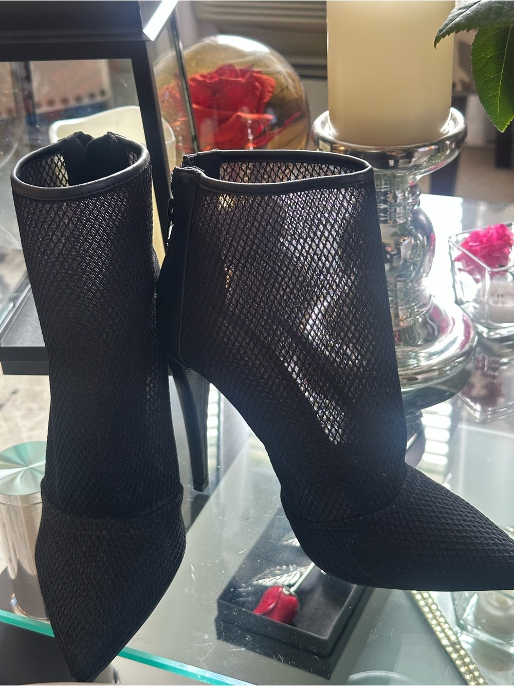 Shoe Dazzle Black Mesh Pointed Toe Stiletto Ankle Booties